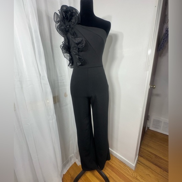Faeriesty Pants - Chic Black One-Shoulder Jumpsuit with Ruffle Detail